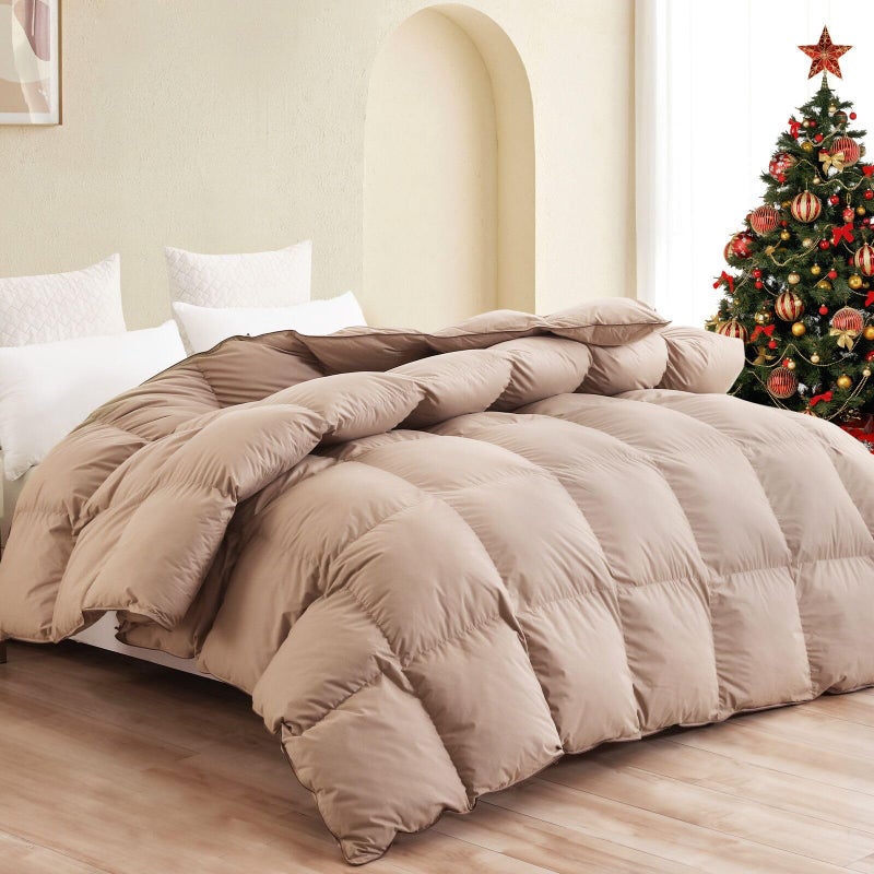 SNOWMAN Premium Down Comforter Queen Size, Luxurious All Season Duvet Insert with Cotton Blended Fabric, 3D Baffle Box Design Hotel Bedding Comforter (Khaki,90"x90") - Image 1